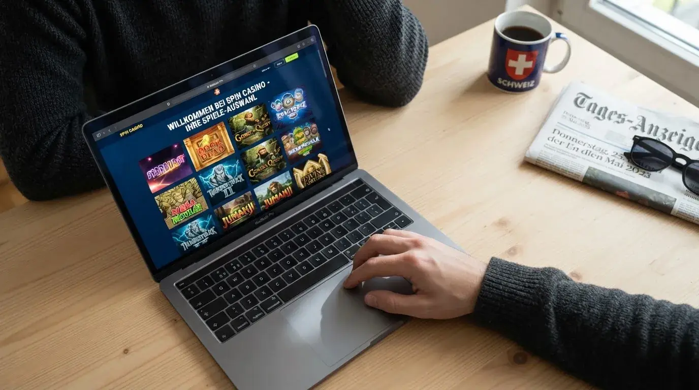 Person am Laptop liest eine Übersichtsseite zu Geldspielen im Internet — 150 freispiele ohne einzahlung