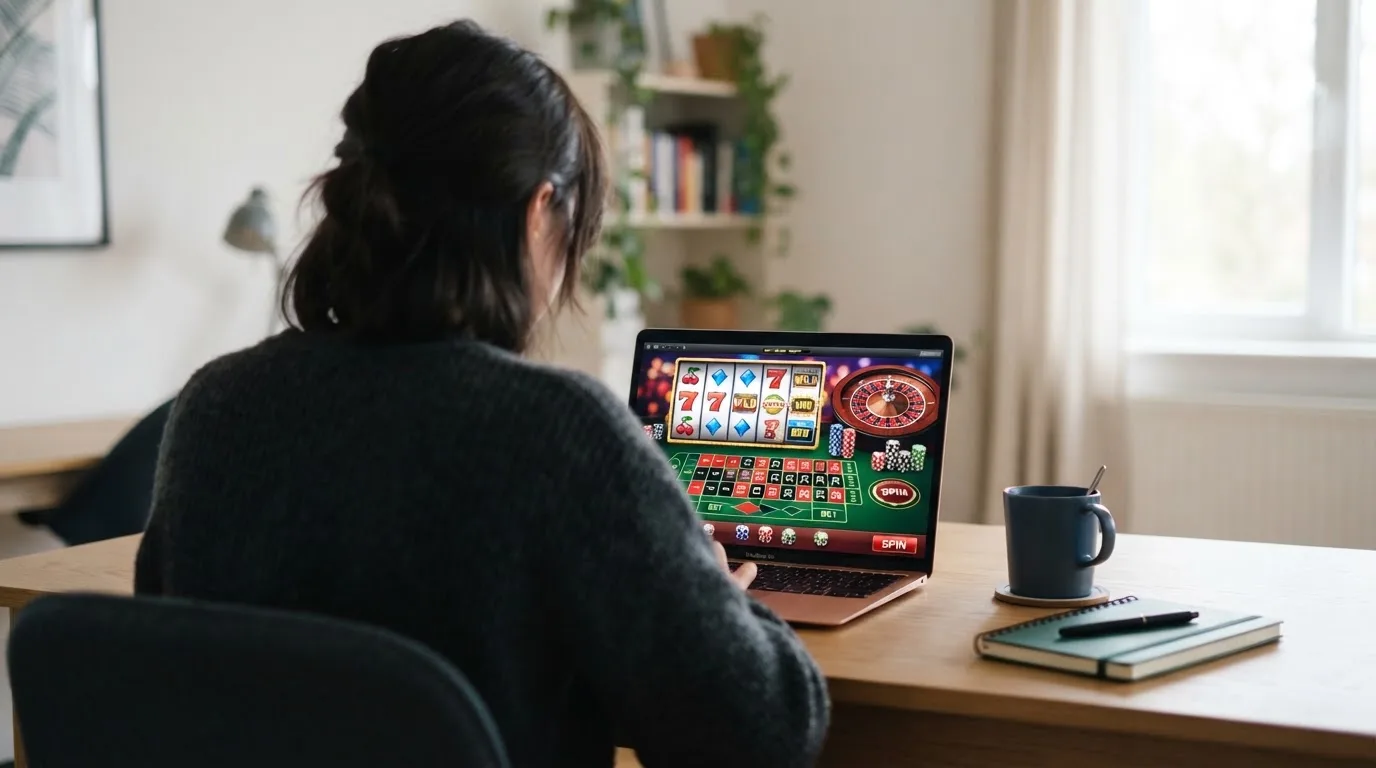 Person am Laptop liest eine Übersichtsseite zu Geldspielen im Internet — 20 franken bonus ohne einzahlung casino