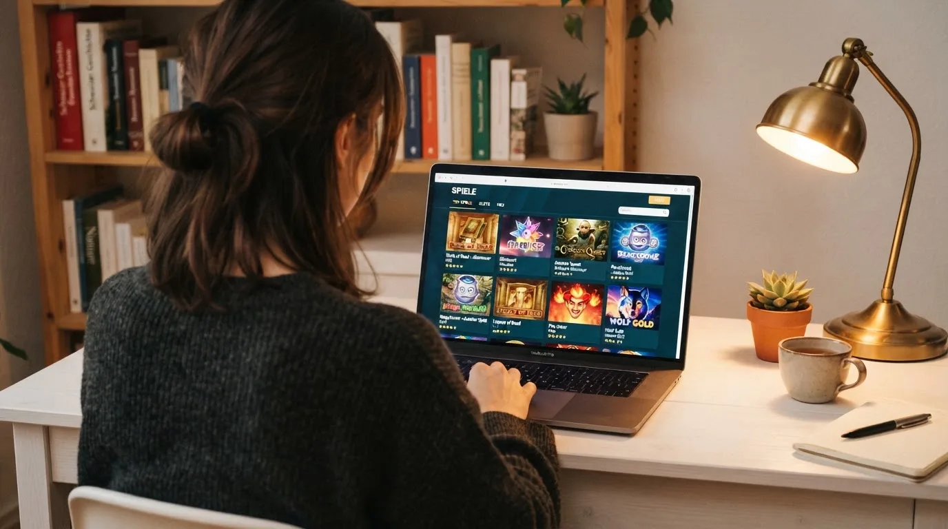 Person am Laptop liest eine Übersichtsseite zu Geldspielen im Internet — 20 freispiele ohne einzahlung