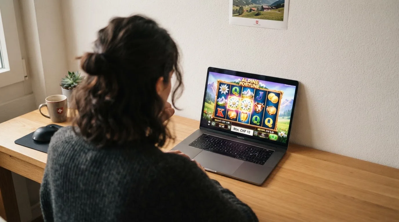 Person am Laptop liest eine Übersichtsseite zu Geldspielen im Internet — 30 franken bonus ohne einzahlung casino