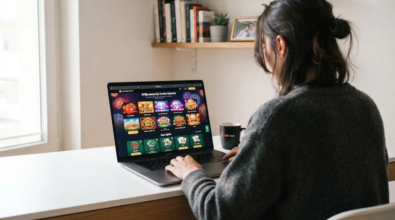 Person am Laptop liest eine Übersichtsseite zu Geldspielen im Internet — 40 franken bonus ohne einzahlung casino