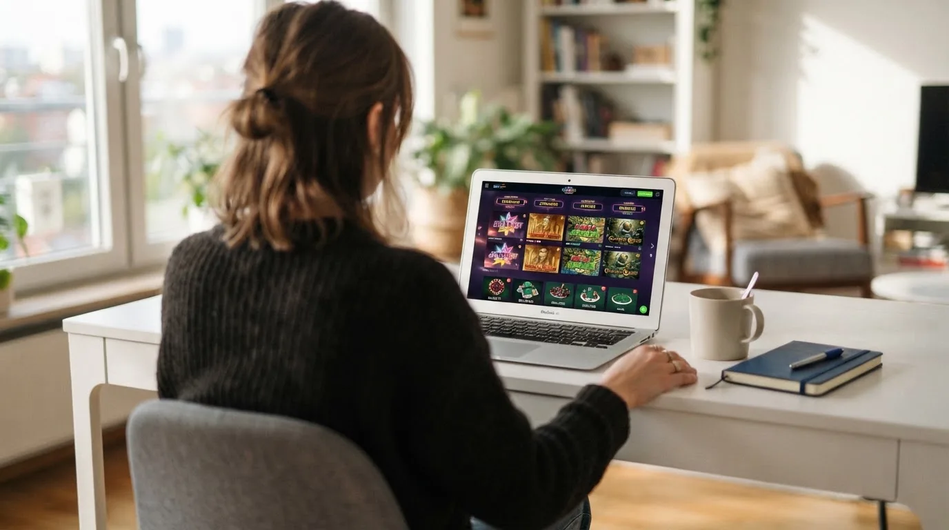 Person am Laptop liest eine Übersichtsseite zu Geldspielen im Internet — 5 franken bonus ohne einzahlung casino
