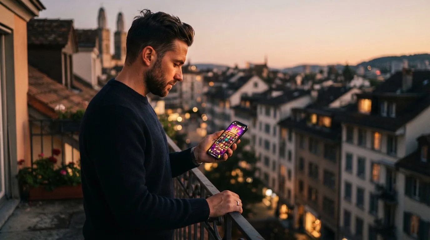 Mann steht auf einem Balkon und tippt konzentriert auf sein Smartphone, Abendlicht über den Dächern.