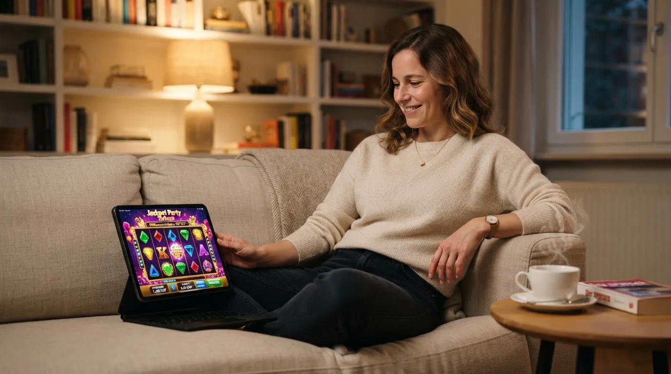 Person sitzt entspannt mit Tablet auf dem Sofa, warmes Lampenlicht, eine Tasse Tee steht daneben auf einem kleinen Tisch.