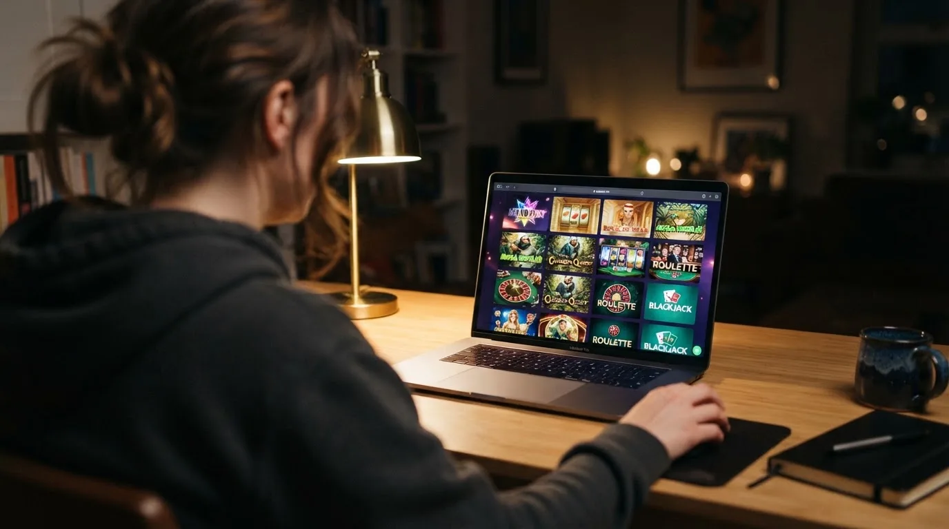 Person am Laptop liest eine Übersichtsseite zu Geldspielen im Internet — aviator online casino