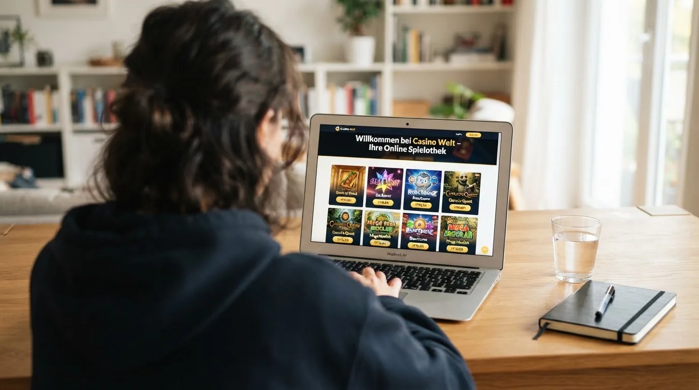 Person am Laptop liest eine Übersichtsseite zu Geldspielen im Internet — best crypto casino schweiz
