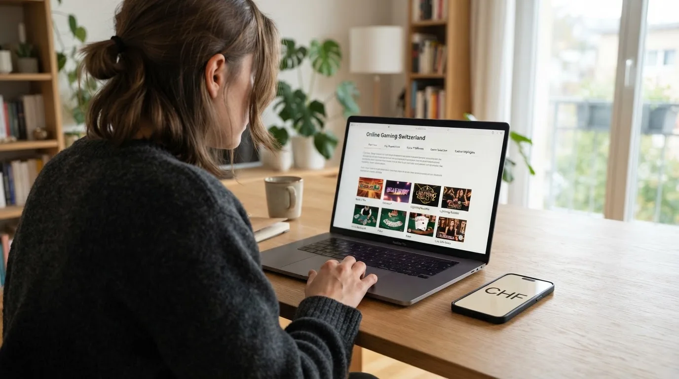 Person am Laptop liest eine Übersichtsseite zu Geldspielen im Internet — beste ausländische casinos für schweizer spieler