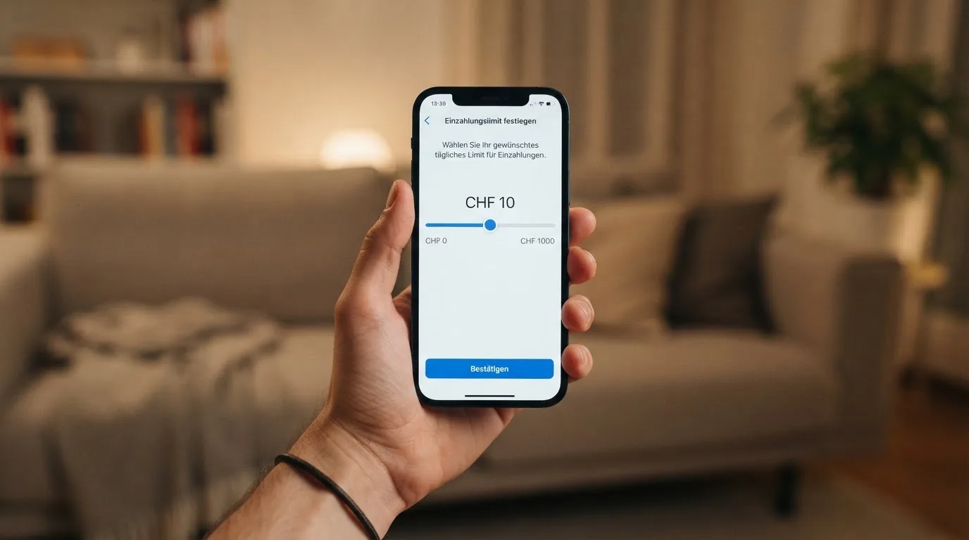 Hand hält ein Smartphone mit einem Formular zur Einzahlungsgrenze, ruhige Stimmung — beste ausländische casinos für schweizer spieler