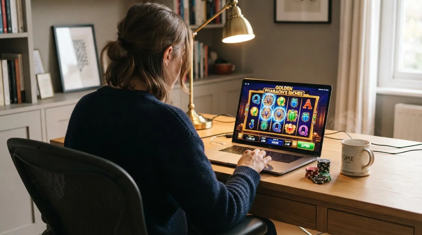 Person am Laptop liest eine Übersichtsseite zu Geldspielen im Internet — beste auszahlungsquote online casino