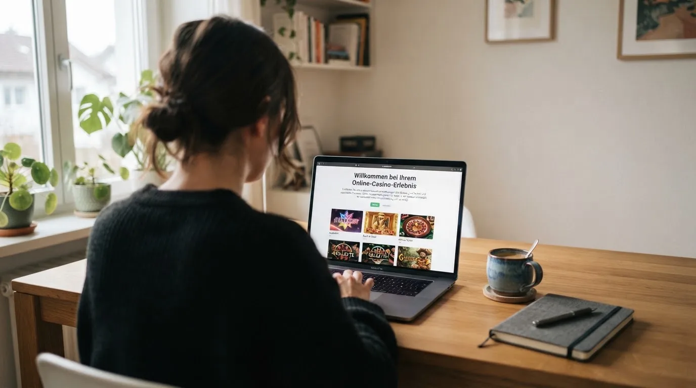 Person am Laptop liest eine Übersichtsseite zu Geldspielen im Internet — beste casino ohne verifizierung auszahlen