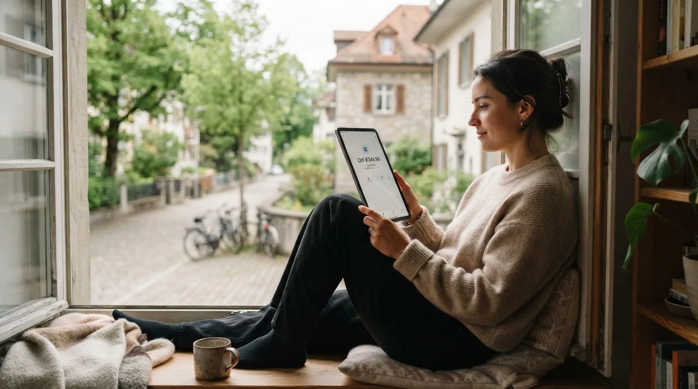 Frau sitzt mit einem Tablet auf einer Fensterbank, Blick nach draussen auf eine ruhige Strasse.