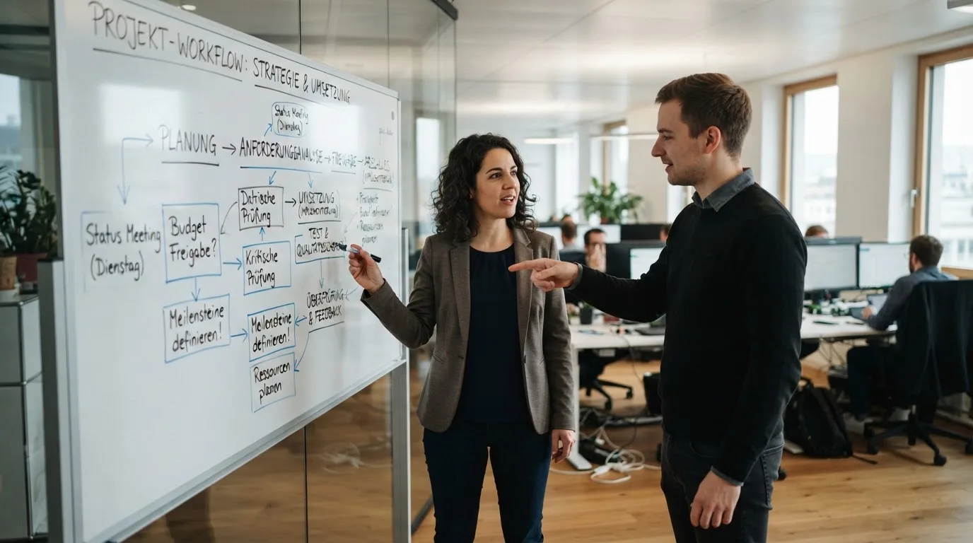 Zwei Kollegen besprechen an einem Whiteboard mit Notizen einen Ablauf, Grossraumbüro im Hintergrund.