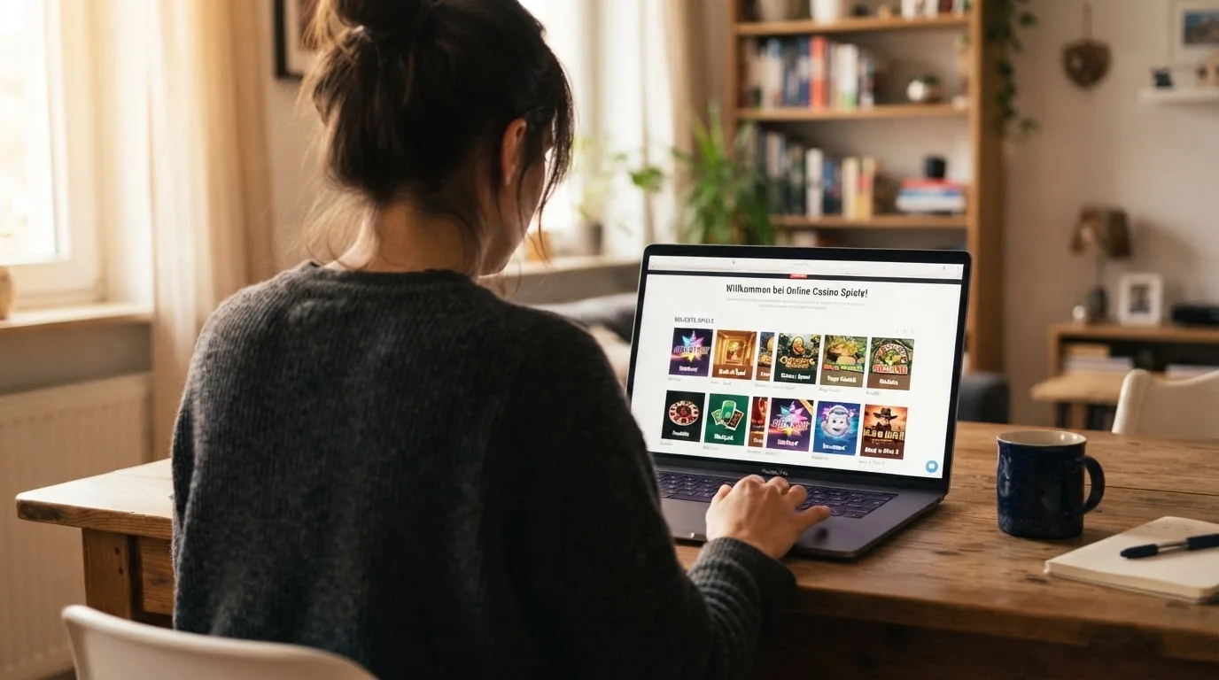 Person am Laptop liest eine Übersichtsseite zu Geldspielen im Internet — beste craps online casinos schweiz