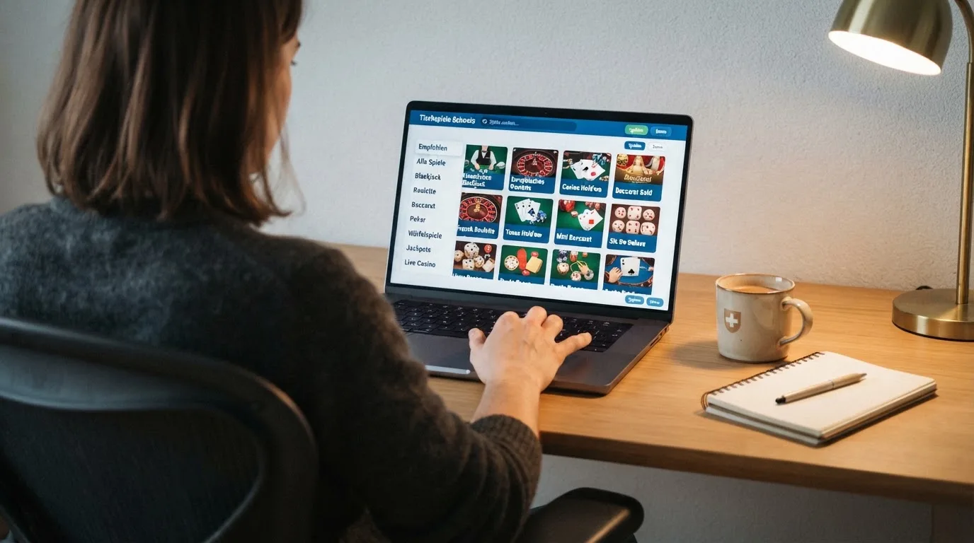 Person am Laptop liest eine Übersichtsseite zu Geldspielen im Internet — beste live baccarat schweiz