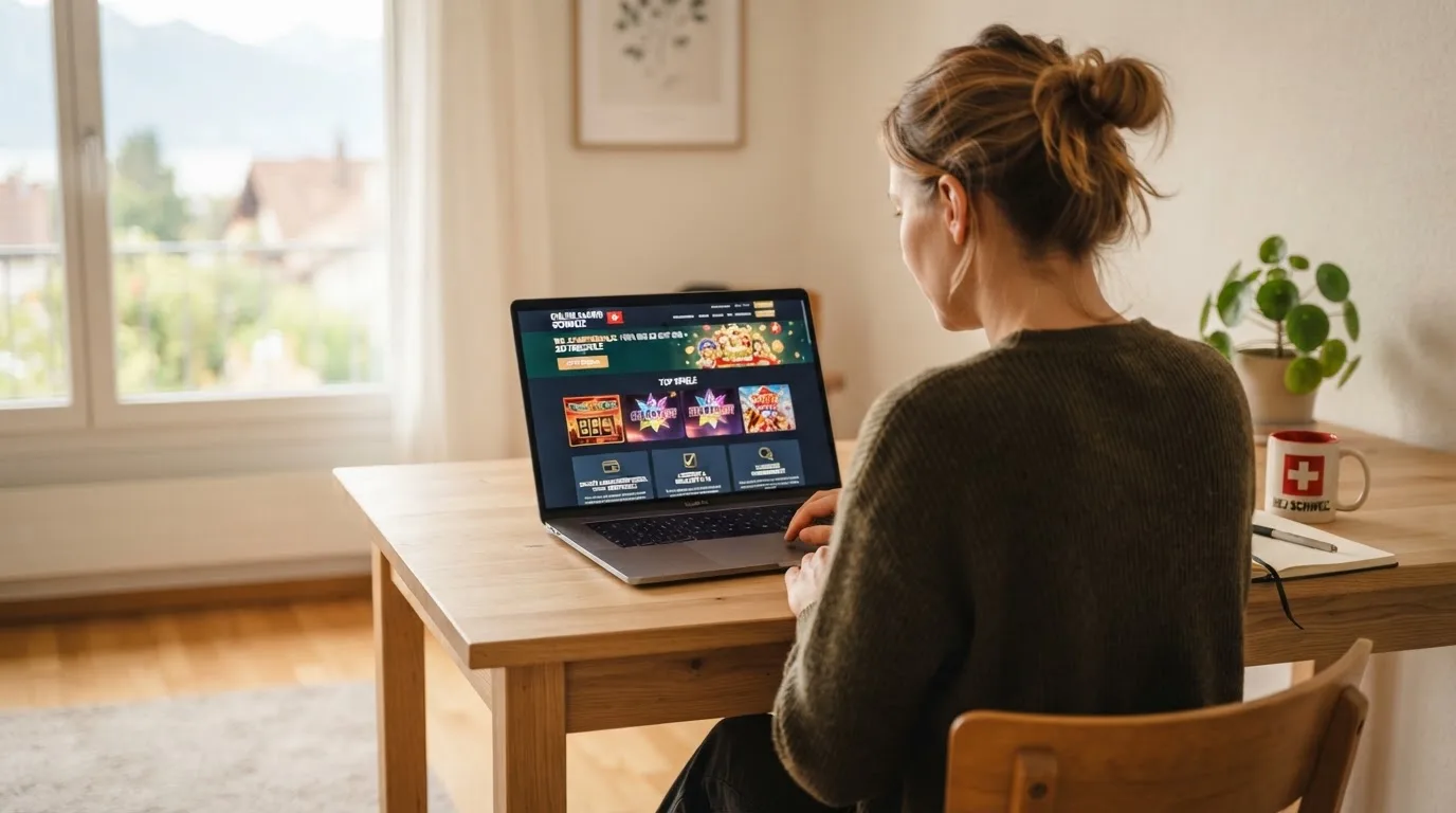 Person am Laptop liest eine Übersichtsseite zu Geldspielen im Internet — beste online casino ausland