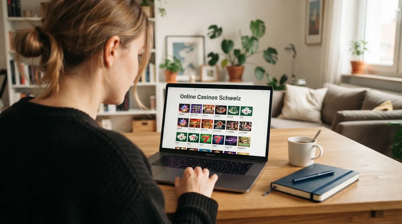 Person am Laptop liest eine Übersichtsseite zu Geldspielen im Internet — beste online casino echtgeld app