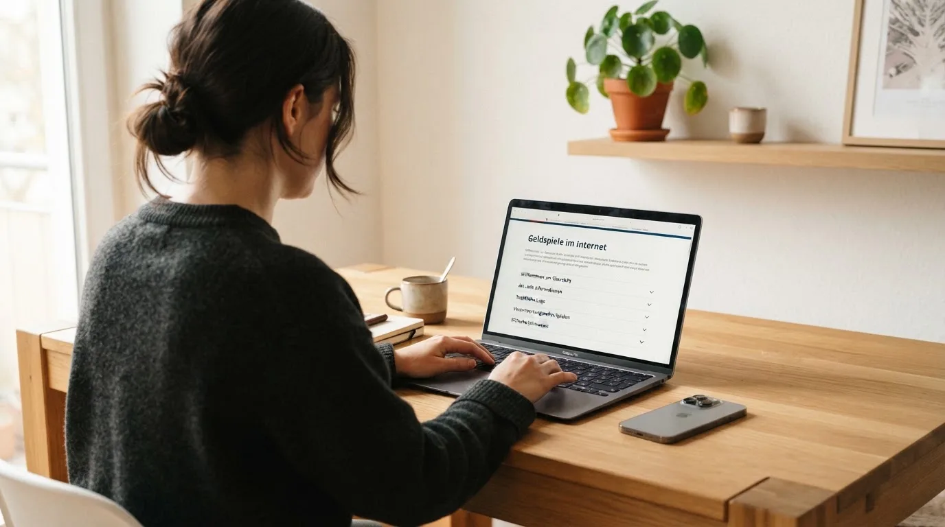 Person am Laptop liest eine Übersichtsseite zu Geldspielen im Internet — beste online casino mit apple pay bezahlen