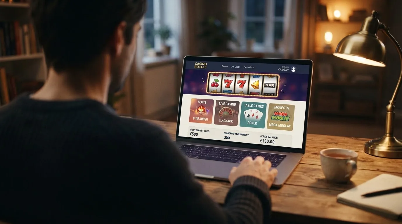 Person am Laptop liest eine Übersichtsseite zu Geldspielen im Internet — beste online casino mit banküberweisung bezahlen