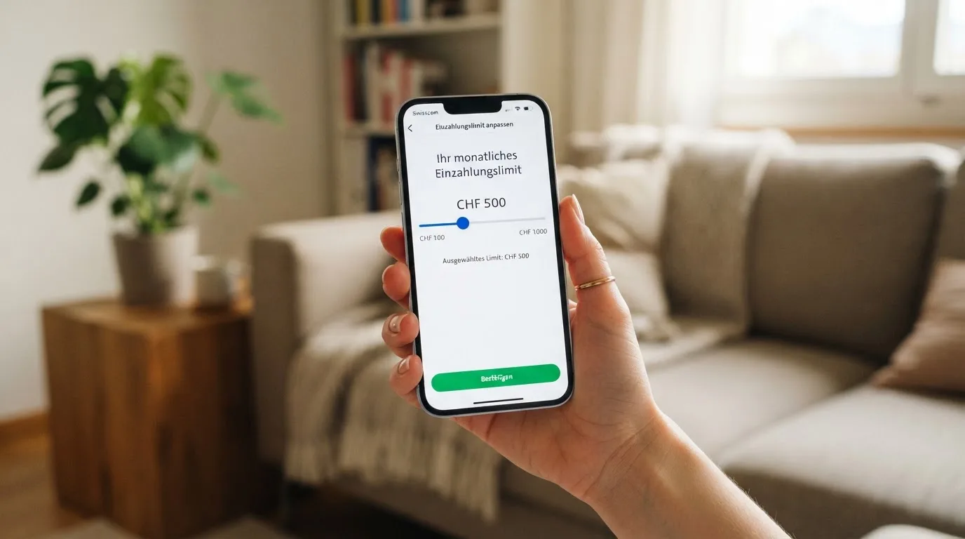 Hand hält ein Smartphone mit einem Formular zur Einzahlungsgrenze, ruhige Stimmung — beste online casino schweiz