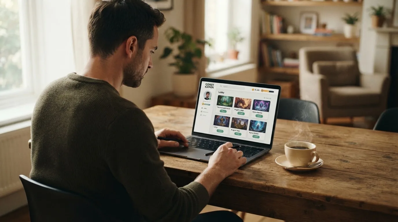 Mann sitzt am Wohnzimmertisch und tippt auf seinem Laptop, eine Kaffeetasse steht griffbereit daneben.