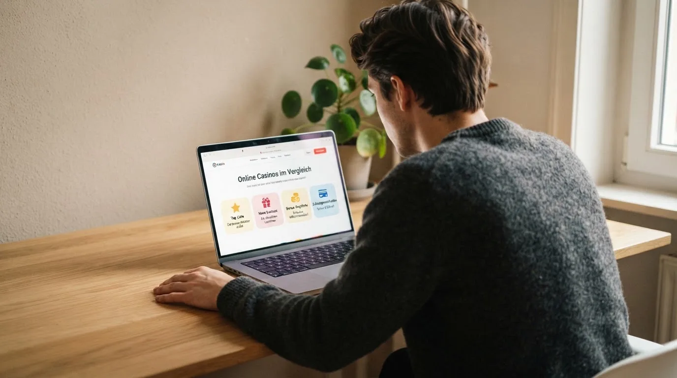 Person am Laptop liest eine Übersichtsseite zu Geldspielen im Internet — beste online casinos ohne verifizierung