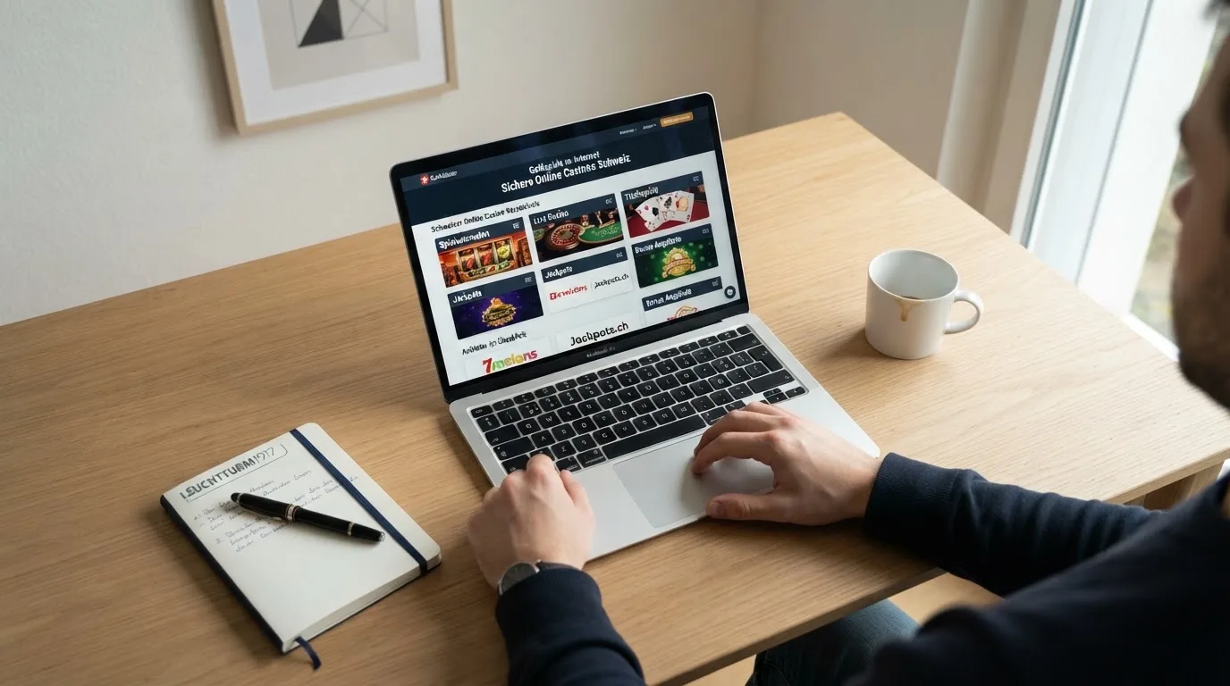 Person am Laptop liest eine Übersichtsseite zu Geldspielen im Internet — beste online casinos schweiz mit no deposit bonus