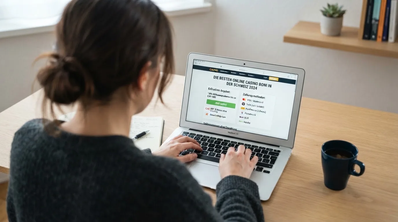 Person am Laptop liest eine Übersichtsseite zu Geldspielen im Internet — bester willkommensbonus online casino