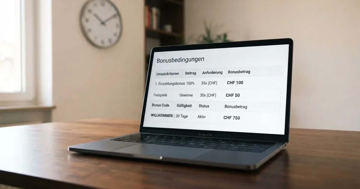 Bildschirm mit Bonusbedingungen, Einsatztabelle und einer Uhr im Hintergrund — bester willkommensbonus online casino