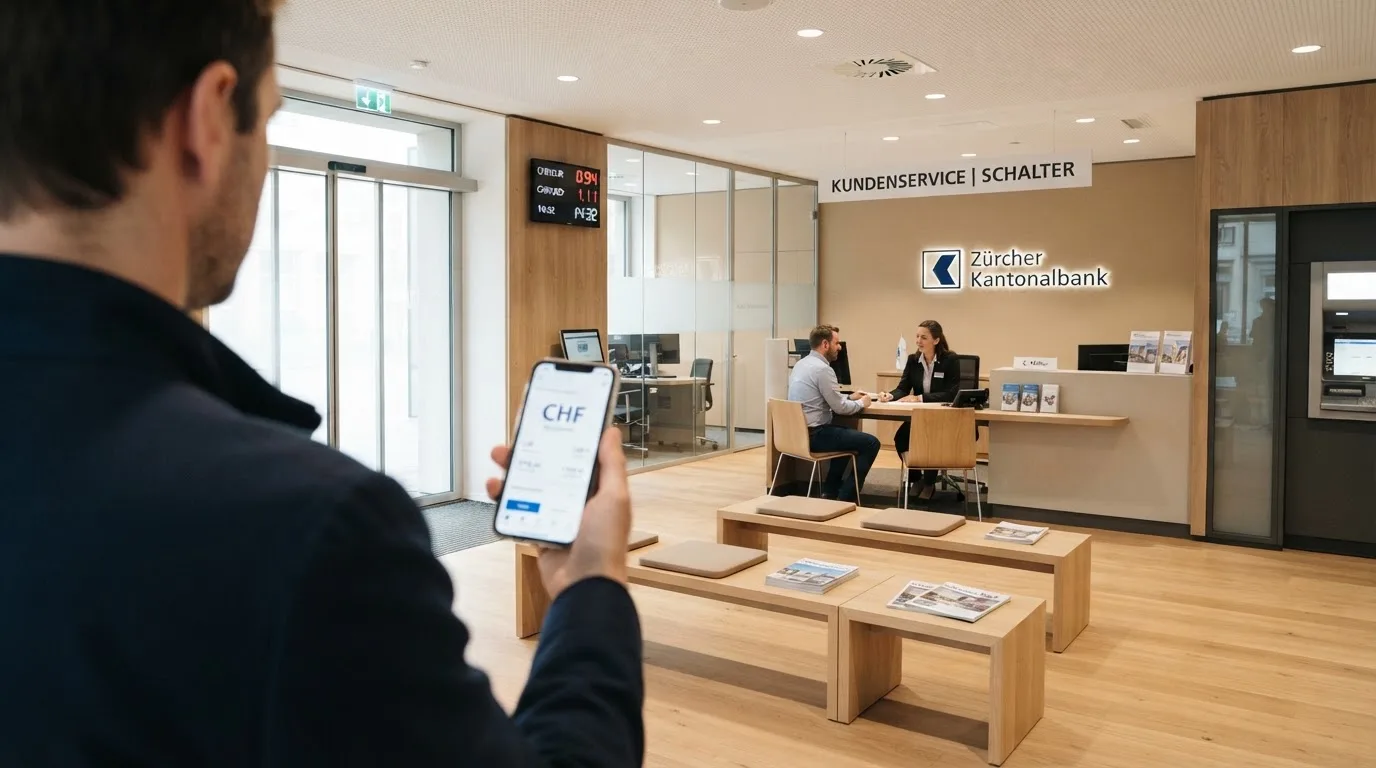 Blick auf eine helle Bankfiliale mit Wartebereich, im Vordergrund unscharf eine Person mit Jacke.