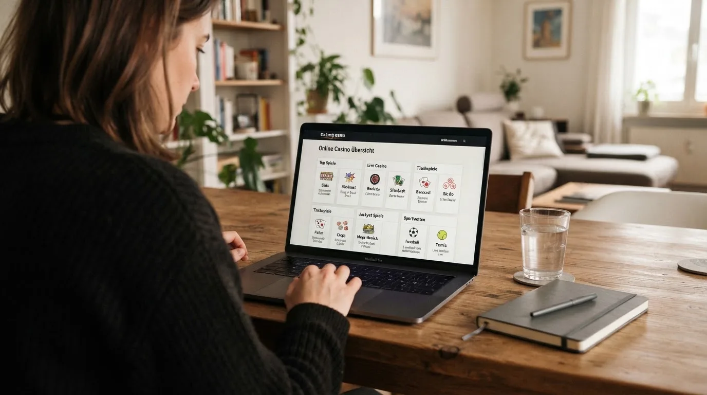 Person am Laptop liest eine Übersichtsseite zu Geldspielen im Internet — binance coin casino vergleich