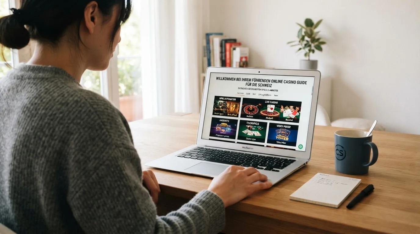 Person am Laptop liest eine Übersichtsseite zu Geldspielen im Internet — bitcoin cash casino vergleich