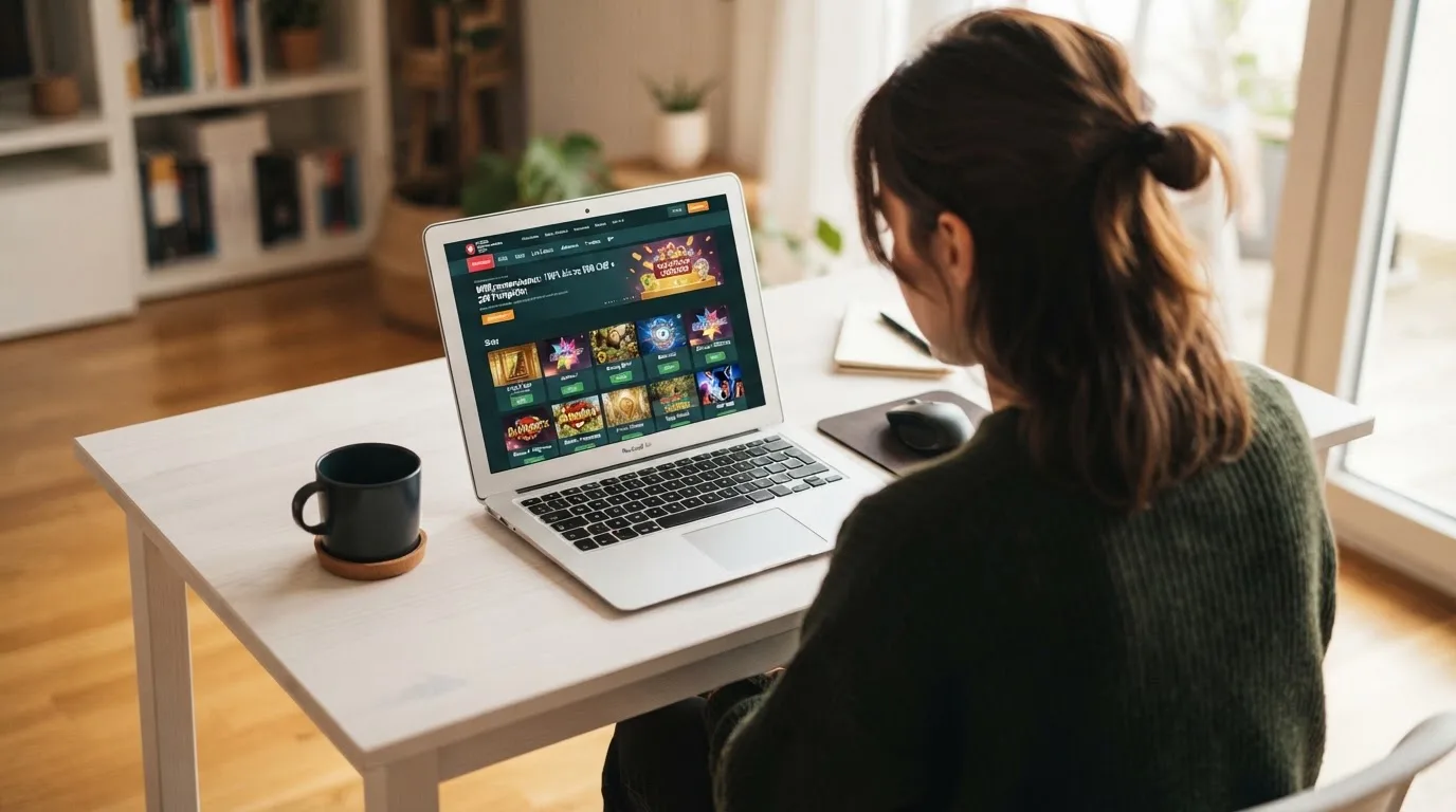 Person am Laptop liest eine Übersichtsseite zu Geldspielen im Internet — casino guthaben ohne einzahlung