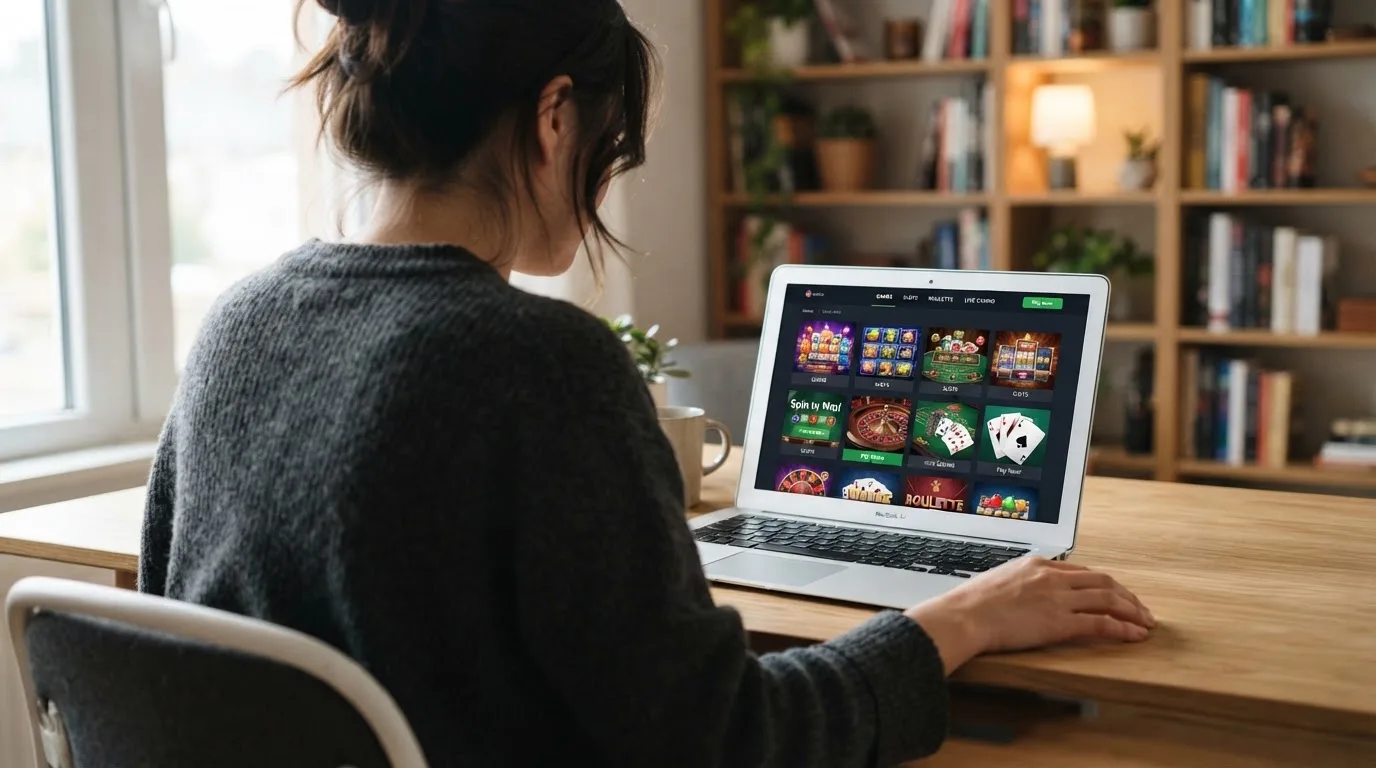 Person am Laptop liest eine Übersichtsseite zu Geldspielen im Internet — casino mit hoher gewinnchance