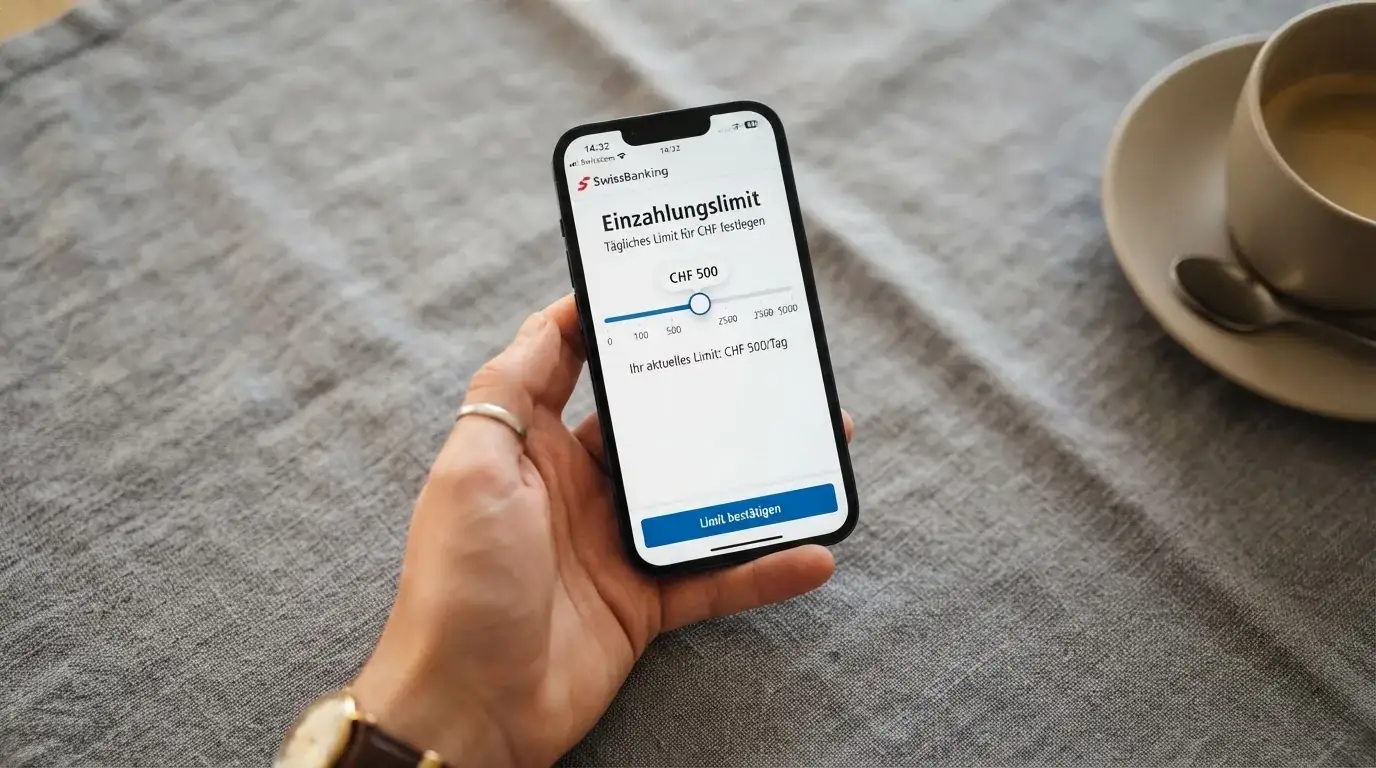 Hand hält ein Smartphone mit einem Formular zur Einzahlungsgrenze, ruhige Stimmung — freie 90 tage qualifikationszeitraum casino