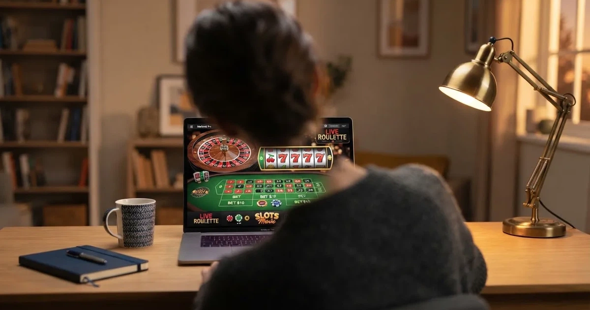 Person am Laptop liest eine Übersichtsseite zu Geldspielen im Internet — freie 90 tage qualifikationszeitraum casino