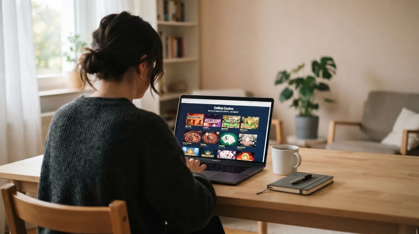 Person am Laptop liest eine Übersichtsseite zu Geldspielen im Internet — handy casino echtgeld bonus ohne einzahlung