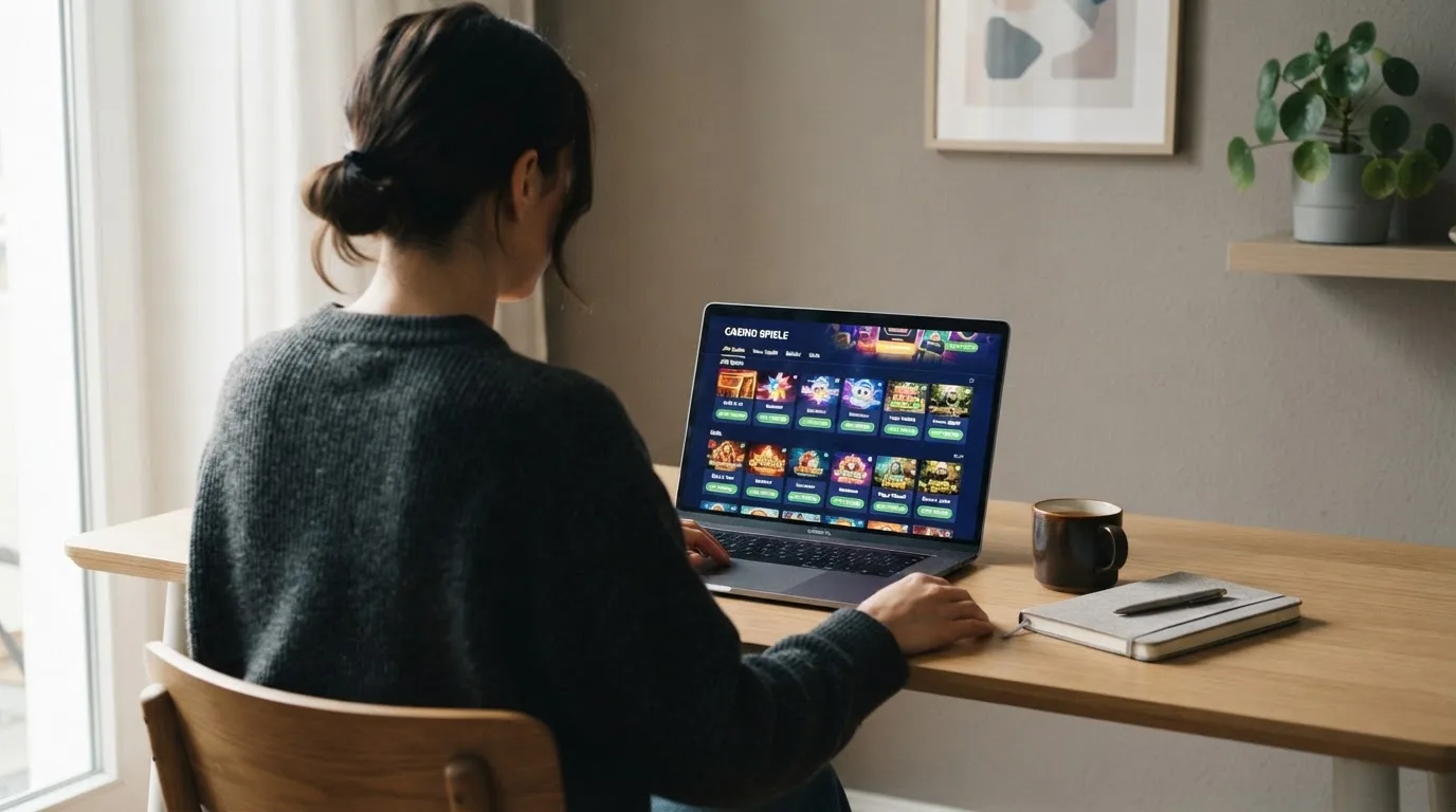 Person am Laptop liest eine Übersichtsseite zu Geldspielen im Internet — online casino bonus ohne einzahlung ohne download