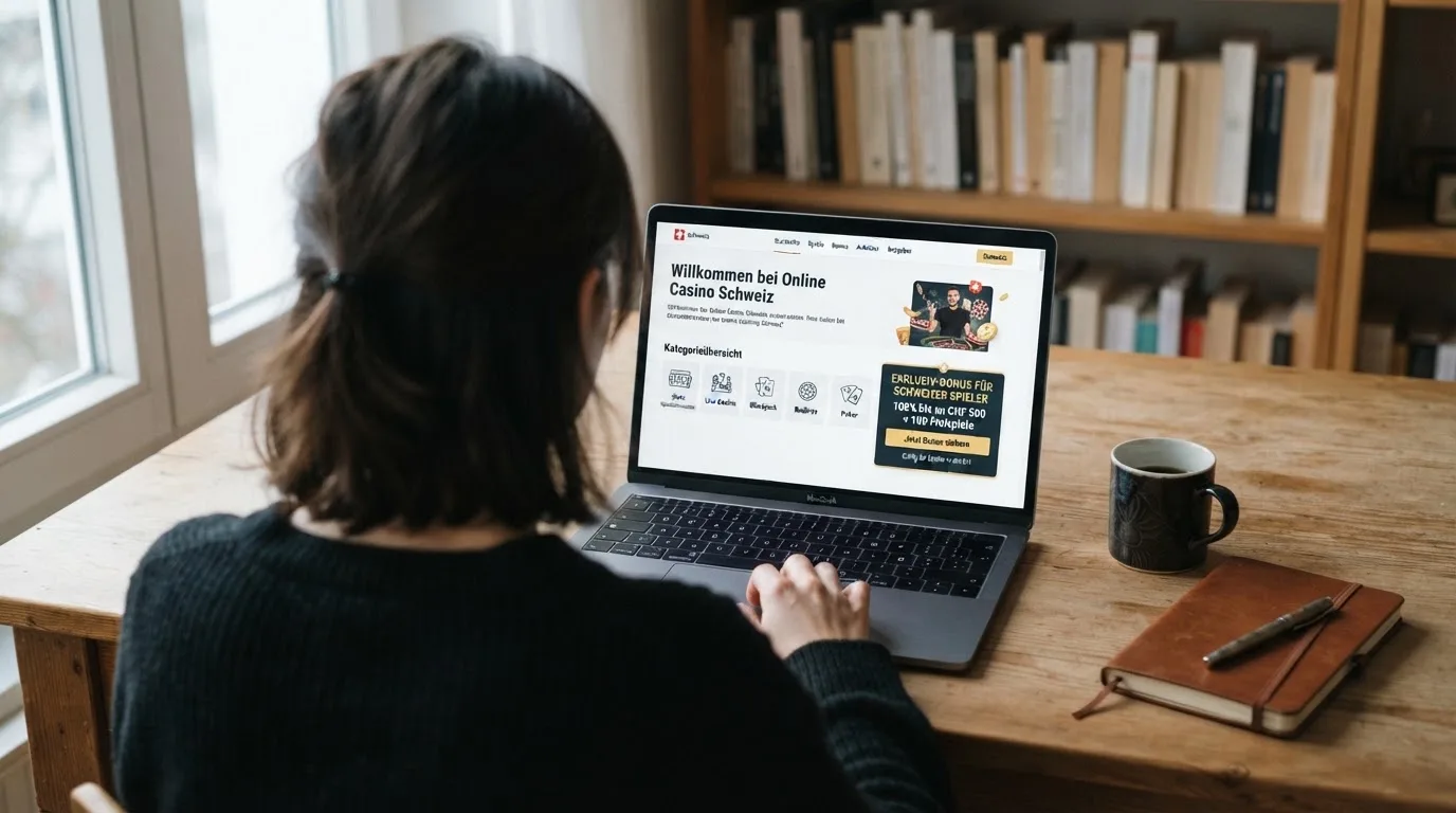 Person am Laptop liest eine Übersichtsseite zu Geldspielen im Internet — online casino bonus ohne umsatzbedingungen
