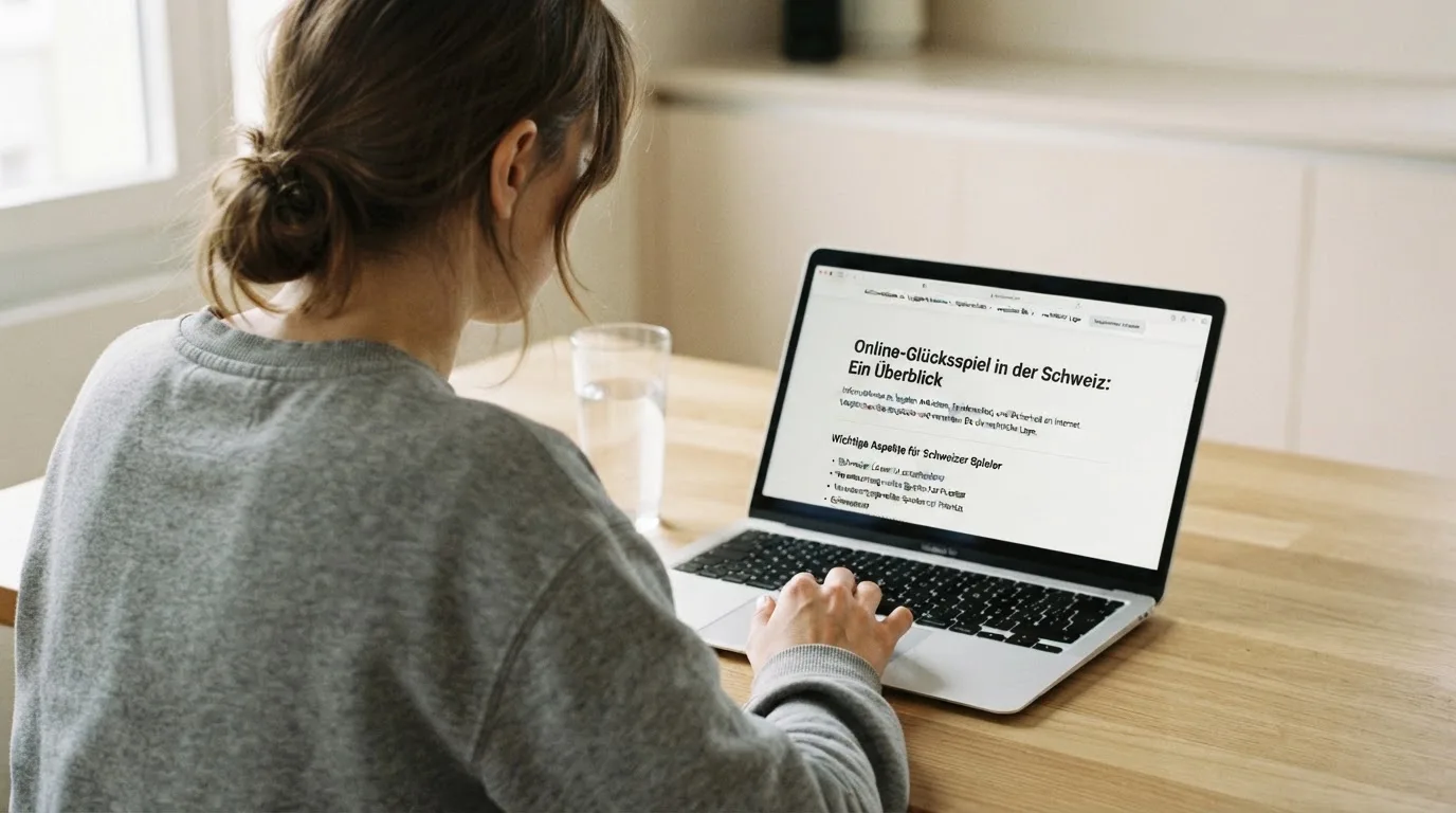 Person am Laptop liest eine Übersichtsseite zu Geldspielen im Internet — online casino bonusbedingungen