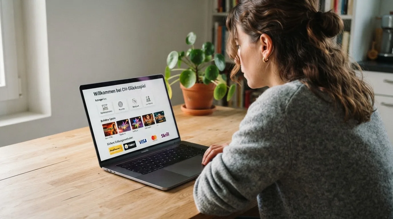 Person am Laptop liest eine Übersichtsseite zu Geldspielen im Internet — online casino einzahlungsbonus