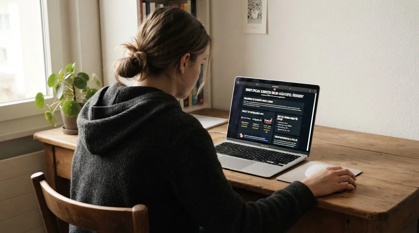 Person am Laptop liest eine Übersichtsseite zu Geldspielen im Internet — online casino mit autoplay